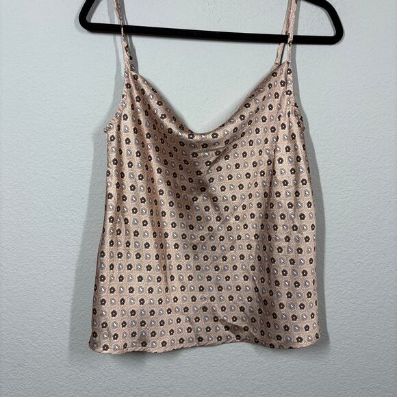 Sollinarry Small Satin Tile Print Cami Top Tan Cowl Neck Spaghetti Straps - Picture 1 of 9